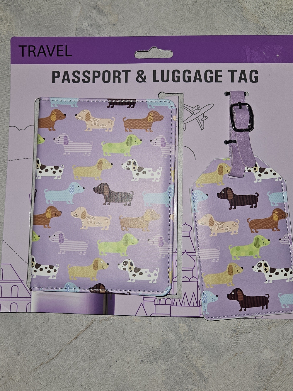 Passport & Luggage Tag Set - Purple Dachshund Pattern